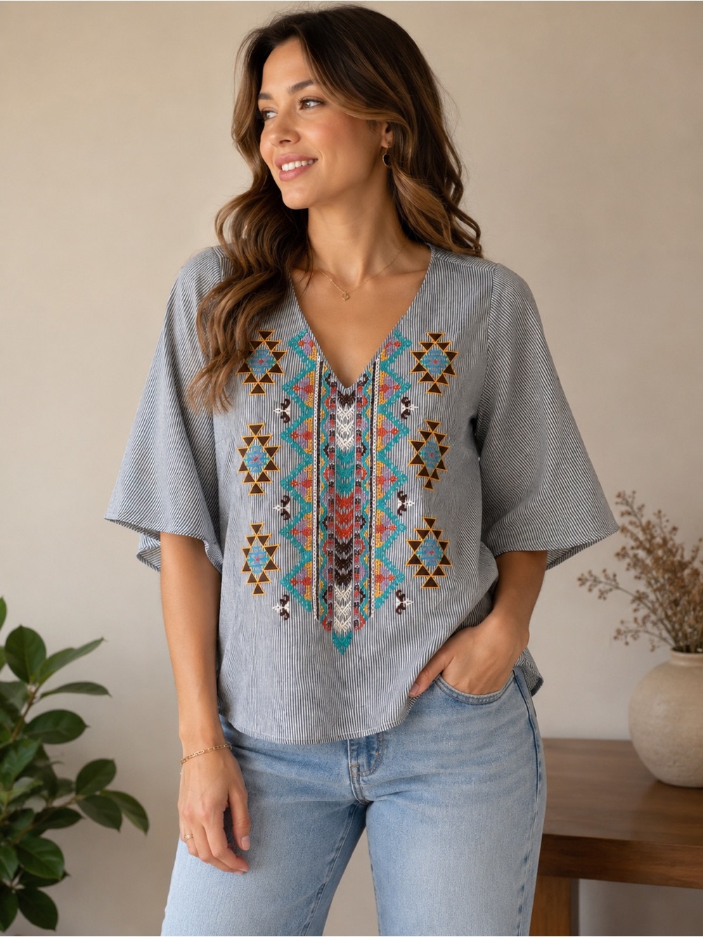 Savanna Jane Embroidered Boho Cotton Blouse | Blue & White Stripe | Size Small